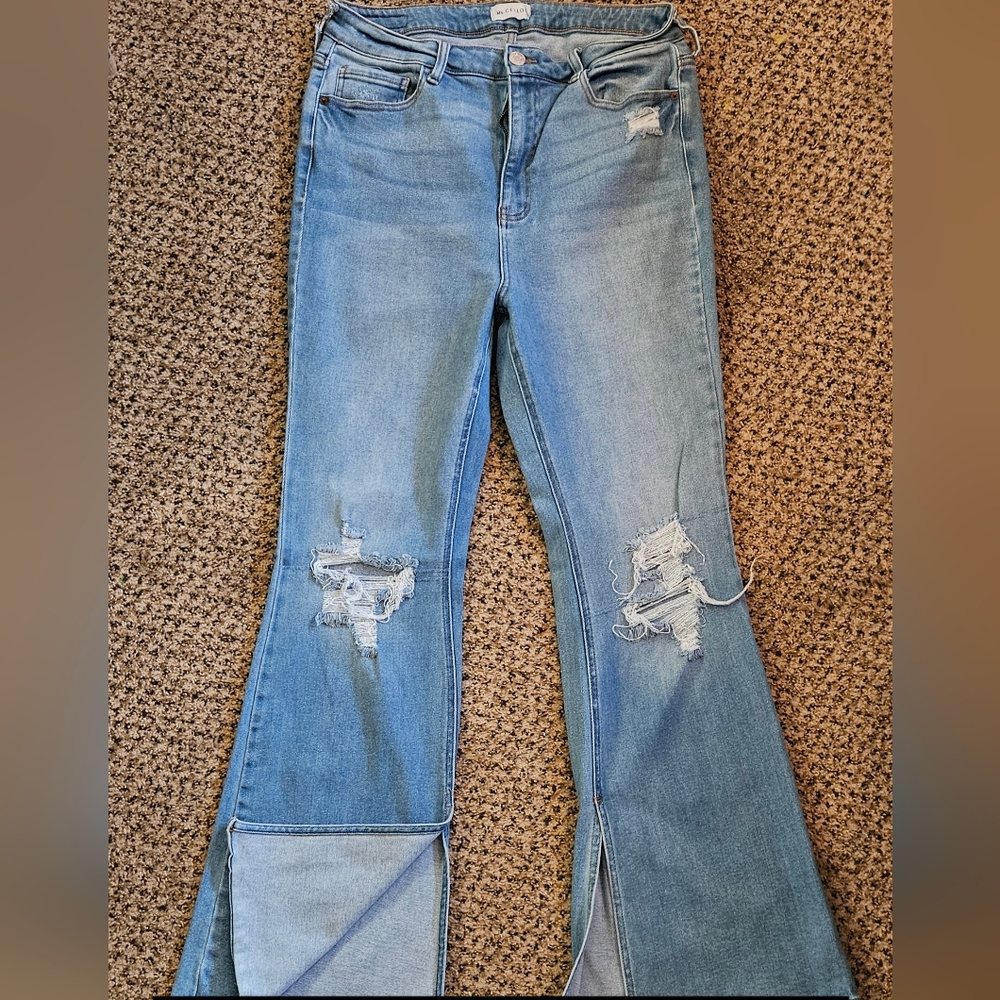 Cello Blue Flare Jeans with Modern Distressing